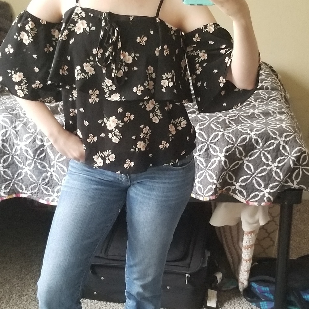Beautiful black top with peach and white floral